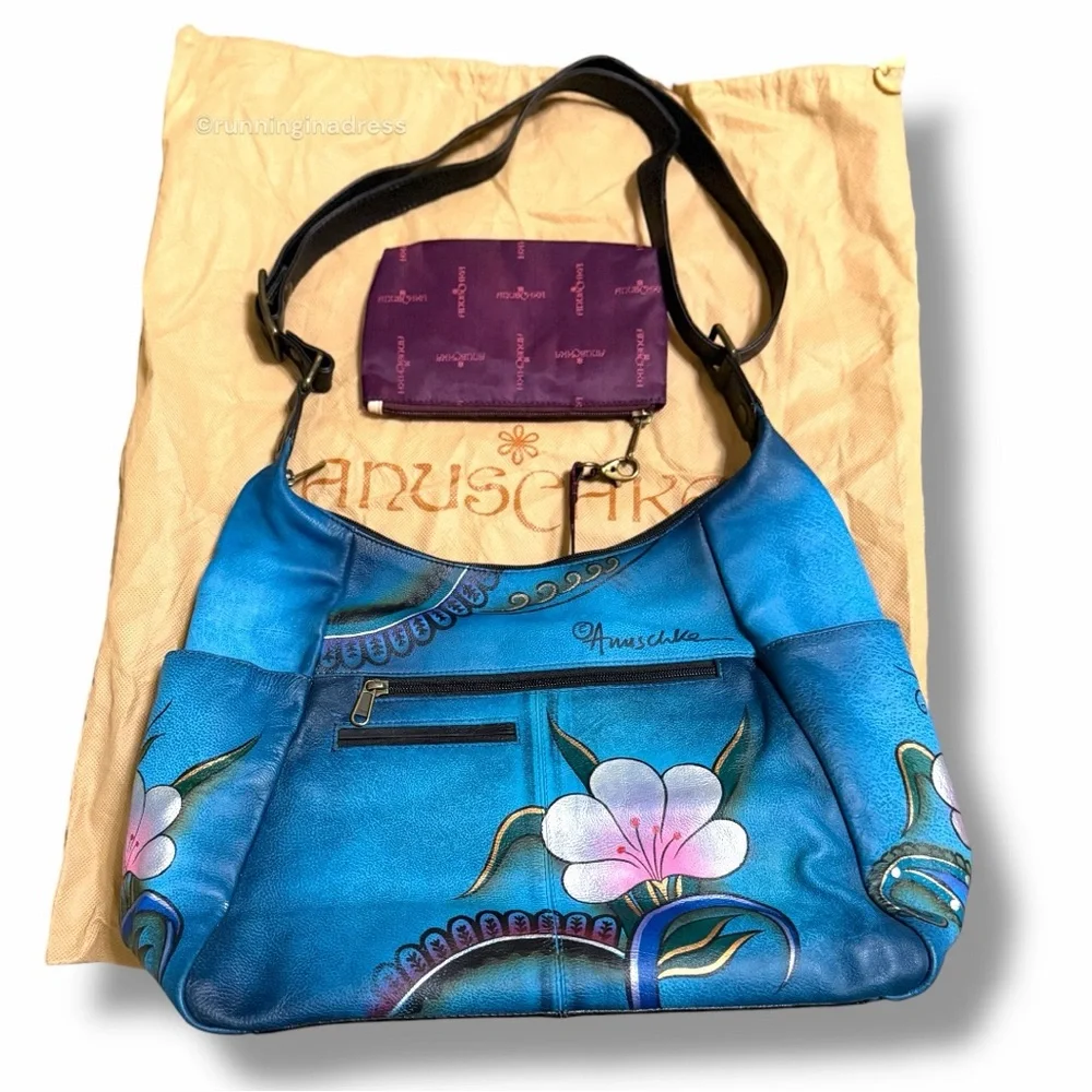 NEW Anuschka Hand Painted Large Multi Pocket Hobo Handbag Denim Paisley Floral